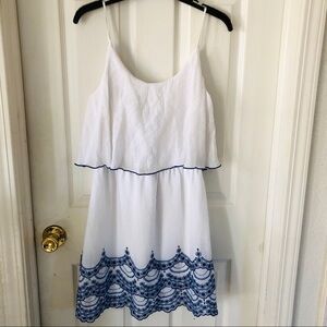 Jodi Kristopher white & blue embroidered spaghetti strap ruffle dress SZ medium